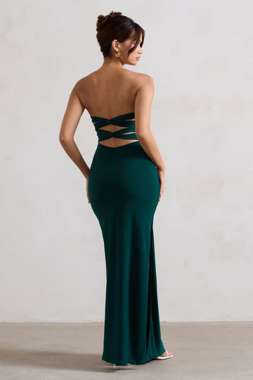 Manon Bottle Green Sweetheart Bandeau Maxi Dress With Thigh Split